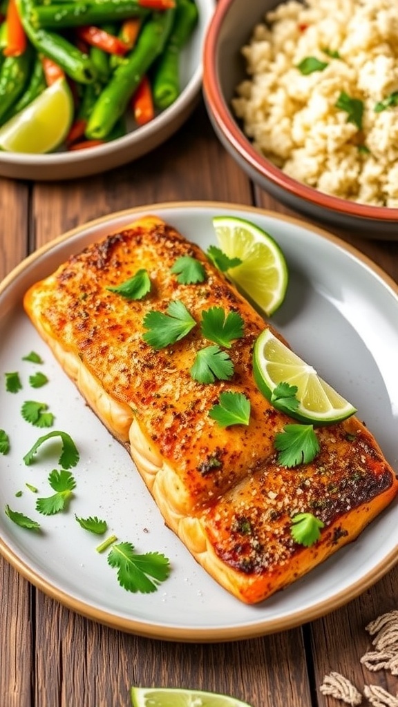 Air fryer jerk salmon fillet garnished with cilantro and lime, served with vegetables and rice.